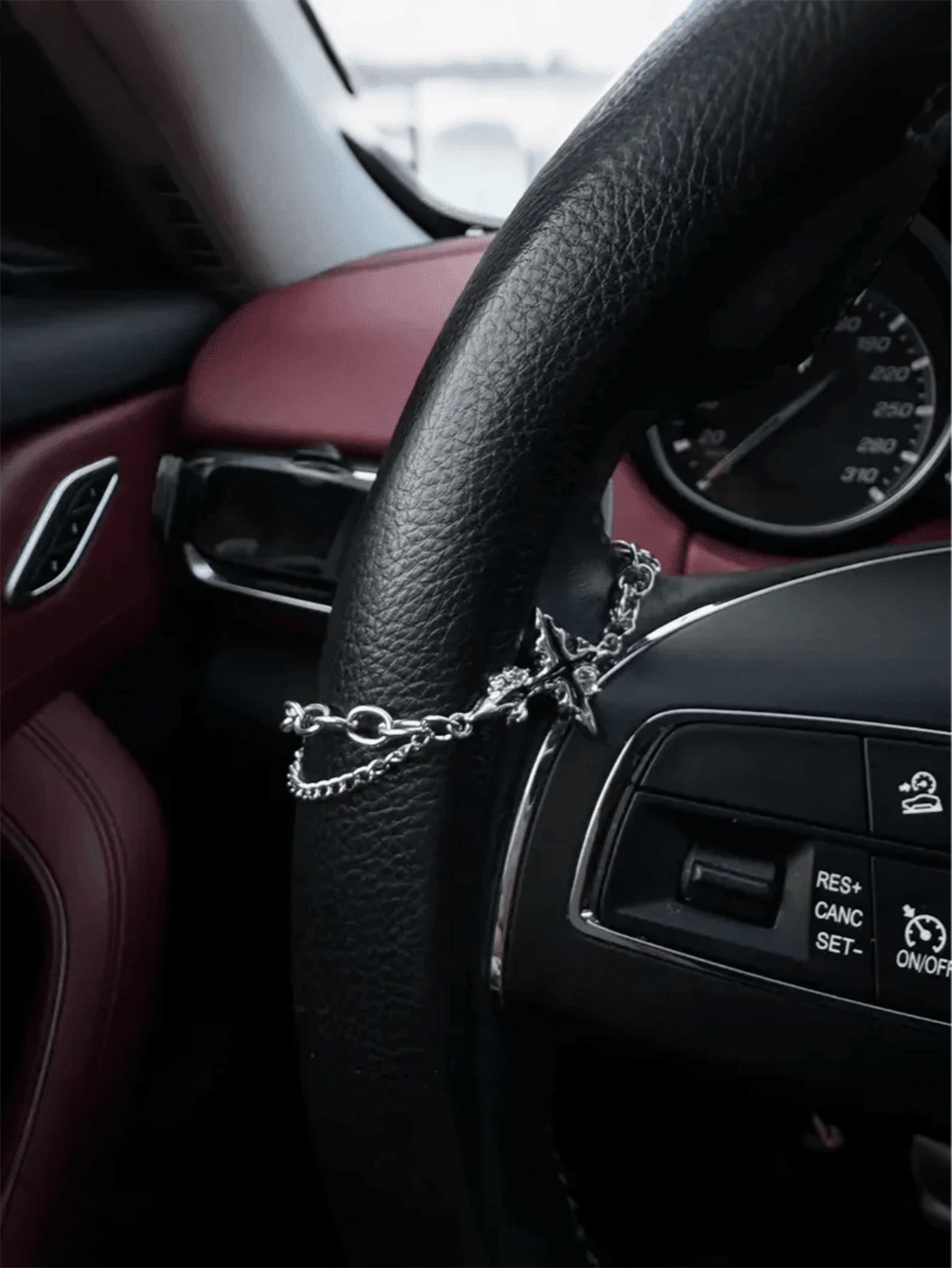 Silver Steering Wheel Chain With Black Cross Pendant, Gothic Style Car Accessory | Unique Gift For Him