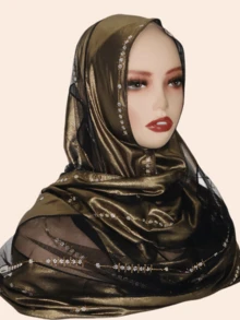 1pc Women's Fashionable Elegant Muslim Hijab Scarf, Patchwork Print Design With Rhinestone Scarf Craftsmanship, Middle Eastern Style Long Scarf