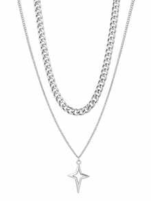 Stainless Steel Double-Layer Necklace With Cross And Star Motifs Minimalist Chic Design For Men Versatile Layered Style Hip-Hop Accessories Unique Fashion Statement - Necklace - View 7