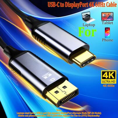USB-C To DisplayPort 1.2 Cable 4K 60Hz 180cm USB Type C To DP Video Converter Cable For Laptop Tablet