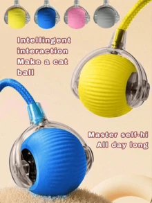 USB充电式互动猫玩具球，自动电动滚动球，适合作为狗狗/猫咪生日礼物，宠物咀嚼智能自动逗猫棒带尾巴，纯色智能系绳猫追逐球，互动猫玩具球，室内猫玩具，成猫玩具