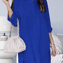 Women's Button Down Shirt Dresses High Low Tunic Dress Long Sleeve Blouse Shirts With Pockets Spring - Bright Blue - View 4