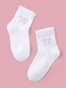 1/5/10双装女童过膝袜，可爱甜美水钻蝴蝶结/爱心/蝴蝶装饰，经典休闲柔软透气白色校袜，时尚简约荷叶边袜，适合返校、校园活动、生日礼物、户外活动，多种组合可选 - 白色 - 查看 3