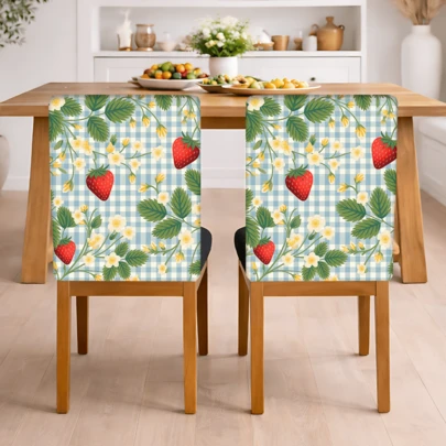 2/4/6 piezas Fundas de silla de lino con estampado de fresa y cuadros, adecuadas para la decoración del hogar diaria, sala de estar, comedor o jardín, también adecuadas para comedor de hotel, fiesta y reunión, fundas de cojín de asiento de silla de material de poliéster lavable