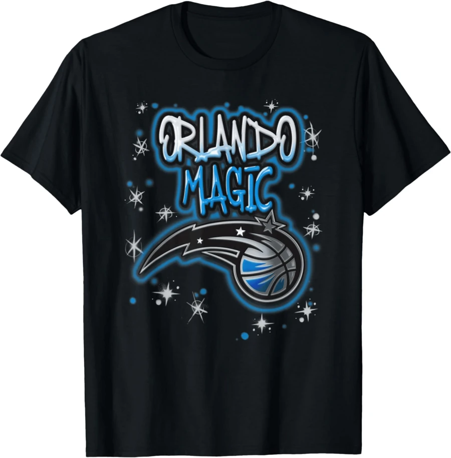 Orlando Magic Airbrush Logo T-Shirt -Women's Printed T-Shirt 220g, Round Neck Casual Women Outdoor Short Sleeves, Retro Fashion Street Women's Short Sleeves, Daily Four Seasons Wear - 黑色 - 查看 1