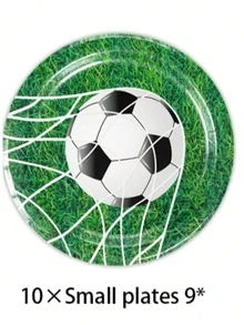 Soccer品牌50/51件套一次性餐具套装，包含10个餐盘、10个甜点盘、10个纸杯、20张餐巾纸和1张桌布。方便实用，适合露营、野餐、花园烧烤、婚礼和生日派对等场合。 - 彩色 - 查看 4