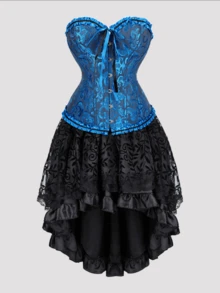 Jutrisujo Corset Dress And Skirt Set 2-Piece Style Plus Size Bustier Gothic Brocade Lace Costume Renaissance Halloween - 819black blue+7056black - 查看 10