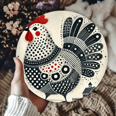 8x8 Inch Fashionable Rooster Pattern Iron Foil Carving Art Piece, Non-Electric Round Metal Wall Decor Sign, Suitable For Bar, Cafe, Club, Kitchen, Predrilled Holes, As Shown In Size Image