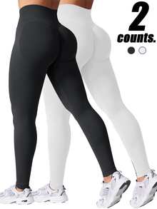 Women's Pure-Colored High-Waisted Yoga Pants With A Hip-Lifting Design, Made Of Seamless And Comfortable Knitted Fabric, Suitable For Gym Workouts And Daily Wear, Women's Fashionable Sports Tight Pants - Đen + Trắng - Xem 1