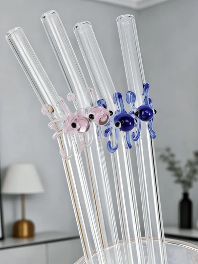 半支装限量版章鱼玻璃吸管（粉色和蓝色）| 万圣节海洋主题 | 可重复使用玻璃吸管，附赠清洁刷 | 适合 520/亡灵节/派对