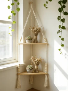 1 Bộ Giá Treo Góc Phong Cách Bohemian với Dây Dây Hạt Gỗ Dệt Thủ Công, Kệ Lưu Trữ & Trưng Bày, Kệ Treo Tường Bằng Gỗ Tự Nhiên, Kệ Trang Trí Nghệ Thuật Phong Cách Boho Tối Giản, Thích Hợp Cho Phòng Khách, Phòng Ngủ, Phòng Tắm, Góc Quán Cà Phê, Lối Vào Và Các Không Gian Nhà Khác - Nhiều màu - Xem 1