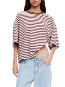 Womens Oversized Striped Short Sleeve Shirt Loose Fit Color Block Crew Neck Tshirt Summer Lounge Blouses Basic Tee - Pink - View 4