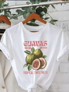 Casual Round Neck Short-Sleeved T-Shirt With Guava Pattern, Women's Summer Top. - 白色 - 查看 2