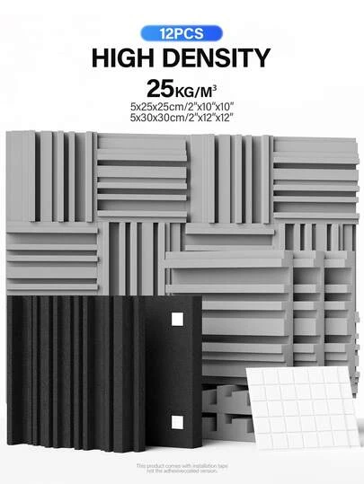 TMJD MISS [12片装] 隔音泡沫板 - 10x10x2/12x12x2英寸，宽频设计吸音泡沫板，适用于音乐室、游戏空间的吸音泡沫（黑色/白色/灰色）
