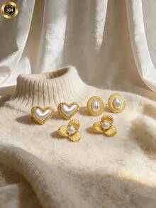 3 pares de pendientes de perla con lazo elegantes, de diseño vintage y lujoso, hechos de acero inoxidable. Adecuados para uso diario y ocasiones festivas, un accesorio versátil para mujeres durante todo el año. Pendientes de perla, diseño de lujo de alta gama, excelentes para el Día de San Valentín. Joyería occidental - Multicolor - Ver 6