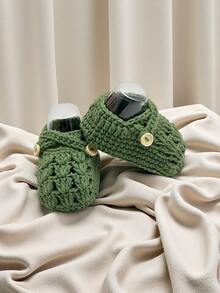 1 Pair Handmade Infant Shoes, Crochet Knitted Light Purple With Button Decor, Infant Size - Army Green - View 6