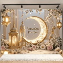 1-Piece Ramadan Happy Decoration Banner, Eid Al-Fitr Crescent Moon Background, Polyester Material, Gold Crescent Moon And Lantern Design, Suitable For Room And Party Wall Decorations, Festive Home Decor For New Year And Eid. Party Supplies - Multicolor - View 1