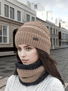 2pcs/Set Hat & Scarf For Women, Autumn/Winter Warm Knitted Hat With Thermal Lined, Versatile Riding Ear Protection Hat & Fuzzy Scarf, Random Color - Multicolor - View 9