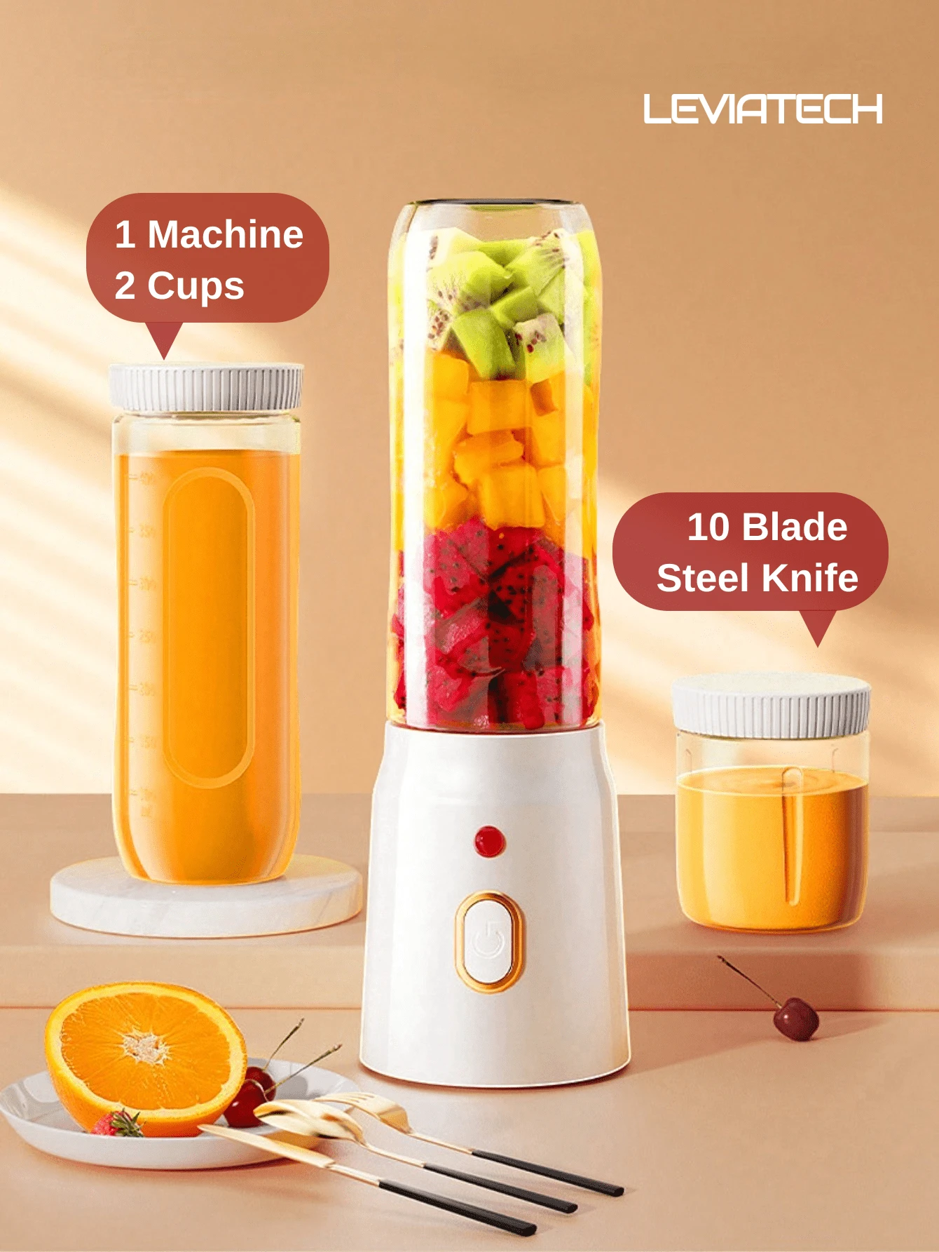 LEVIATECH 450ml 便攜式電動果汁機，搖搖杯設計，USB充電，多功能家用，配備2個小果汁杯，迷你無線果汁機，長電池壽命，適合廚房、居家和旅行水果攪拌機