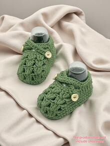 1 Pair Handmade Infant Shoes, Crochet Knitted Light Purple With Button Decor, Infant Size - Army Green - View 9