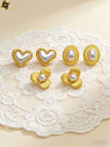 3 pares de pendientes de perla con lazo elegantes, de diseño vintage y lujoso, hechos de acero inoxidable. Adecuados para uso diario y ocasiones festivas, un accesorio versátil para mujeres durante todo el año. Pendientes de perla, diseño de lujo de alta gama, excelentes para el Día de San Valentín. Joyería occidental - Multicolor - Ver 9