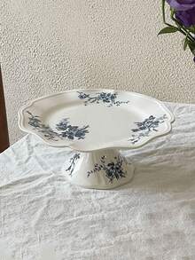 1pc Hand-Painted Flower Pattern Ceramic High Leg Tray, French Vintage Flower Jewelry Tray With High Aesthetic Value, Suitable For Restaurant, Living Room And Bedroom Use As Dessert Plate And Exquisite Cake Display Stand - Blue - View 13