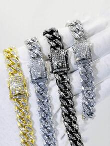 2 piezas Conjunto de collar y pulsera de alta calidad de estilo hip hop, collar de eslabón cubano brillante y pulsera, joyería hip hop con diamantes, diseño de lujo adecuado para hombres y mujeres, accesorios para el cuello y la muñeca, diamantes brillantes - multicolor - Ver 12