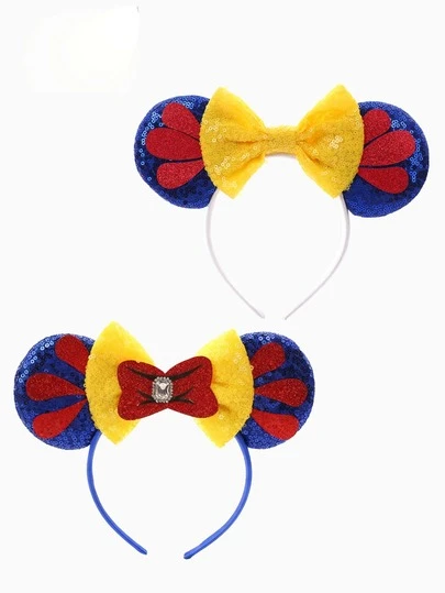 1pc Snow White & Seven Dwarfs Minnie Mouse Ear Headband With Bow, Cute Shiny Creative Cartoon Princess Theme Big Sequin Ear Headband, Castle Theme Amusement Park Decor Headband, Bow Sequin Ear Headband, Cosplay Headband, Suitable For Student Party, Masquerade, Roleplay