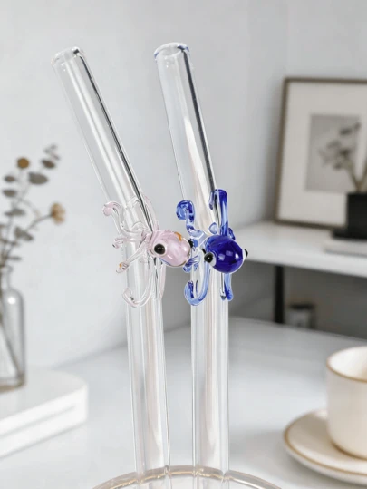 1/2 Pcs Limited Edition Octopus Glass Straws (Pink & Blue) | Halloween Ocean Theme | Reusable Glass Straws With Cleaning Brush | Ideal For 520/Day Of The Dead/Party