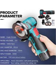 12V 有刷 19500RPM 电动角磨机，锂离子电池供电，金属电动切割工具，包含研磨和切割片以及多功能抛光机 - 彩色 - 查看 4