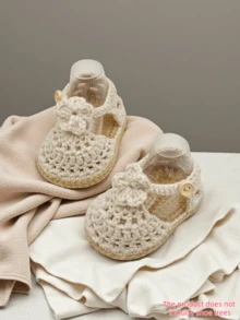 1 Pair Handmade Crochet Knitted Infant Shoes, Beige Floral Pattern, Handwoven Style - Beige - View 8