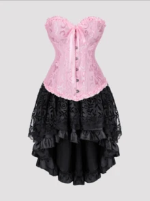 Jutrisujo Corset Dress And Skirt Set 2-Piece Style Plus Size Bustier Gothic Brocade Lace Costume Renaissance Halloween - 819pink+7056black - 查看 16