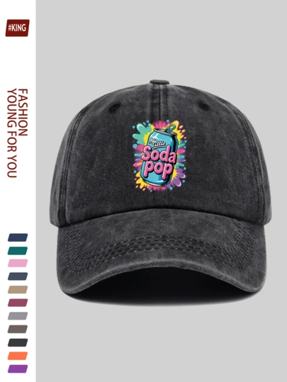 1顶趣味卡通韩流恶魔风汽水印花度假遮阳帽，可调节帽带设计，柔软帽冠，舒适百搭的日常时尚配饰，适合动漫迷、欧美风格爱好者，多种颜色可选，多功能日常佩戴配饰，适合旅行、约会、派对、街头、钓鱼、高尔夫、斋月、圣帕特里克节等场合作为礼物。