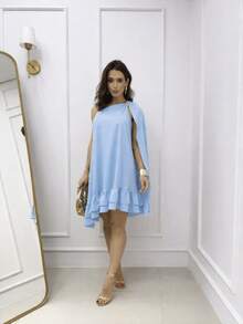 Short One-Shoulder Cape Dress With Flowing Ruffles - Baby Blue - View 1