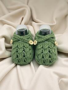 1 Pair Handmade Infant Shoes, Crochet Knitted Light Purple With Button Decor, Infant Size - Army Green - View 4
