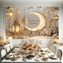 1-Piece Ramadan Happy Decoration Banner, Eid Al-Fitr Crescent Moon Background, Polyester Material, Gold Crescent Moon And Lantern Design, Suitable For Room And Party Wall Decorations, Festive Home Decor For New Year And Eid. Party Supplies - Multicolor - View 3