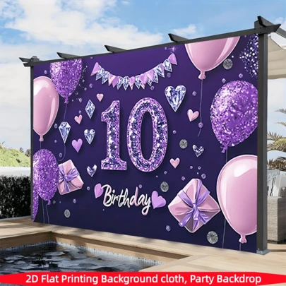 1PC,2D Flat, Purple Happy 10th Birthday Background Banner, Made Of Polyester Fabric, Diamonds, Balloons, Gift Design, Suitable For 10th Birthday Party Decoration, Children's Parties, Birthday Celebrations, Birthday Background Fabric, Anniversaries, Holiday Parties, Party Decoration, Cake Table Decoration