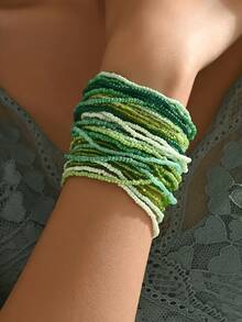 30 Chiếc Vòng Tay Đàn Hồi Cho Nữ Phong Cách Cổ Điển Bohemian, Vòng Tay Đính Cườm Co Giãn Nhiều Lớp Màu Ombre, Phụ Kiện Kỳ Nghỉ Thời Trang - màu xanh lá - Xem 6