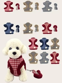 1 Set/2pcs (Harness + Leash) Stylish Pet Dog/Cat Leash Set, Thick/Houndstooth/Plaid Design Harness & Leash Set For Small/Medium Pets, Winter - Multicolor - View 1