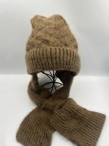 1顶涤纶纹理纯色针织帽，带护颈和护耳，三合一保暖针织帽，冬季送给妈妈的最佳礼物，冬季配饰，冬季服装，情人节礼物 - 彩色 - 查看 16