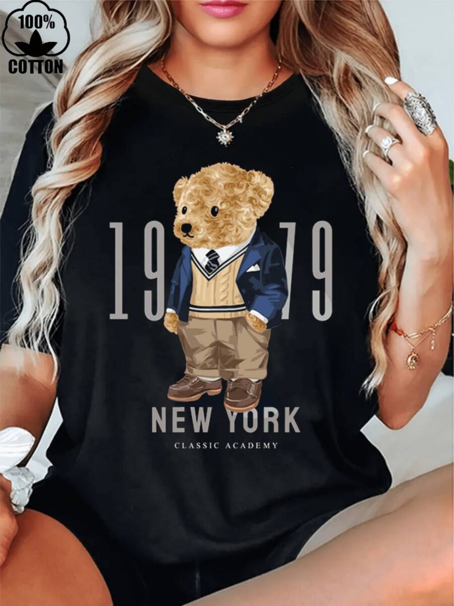 AINO 1 PC 100 Cotton Friendly New York Bear T-Shirt 220g Heavy Cotton Halloween Womens Print T Shirt - màu đen - Xem 1