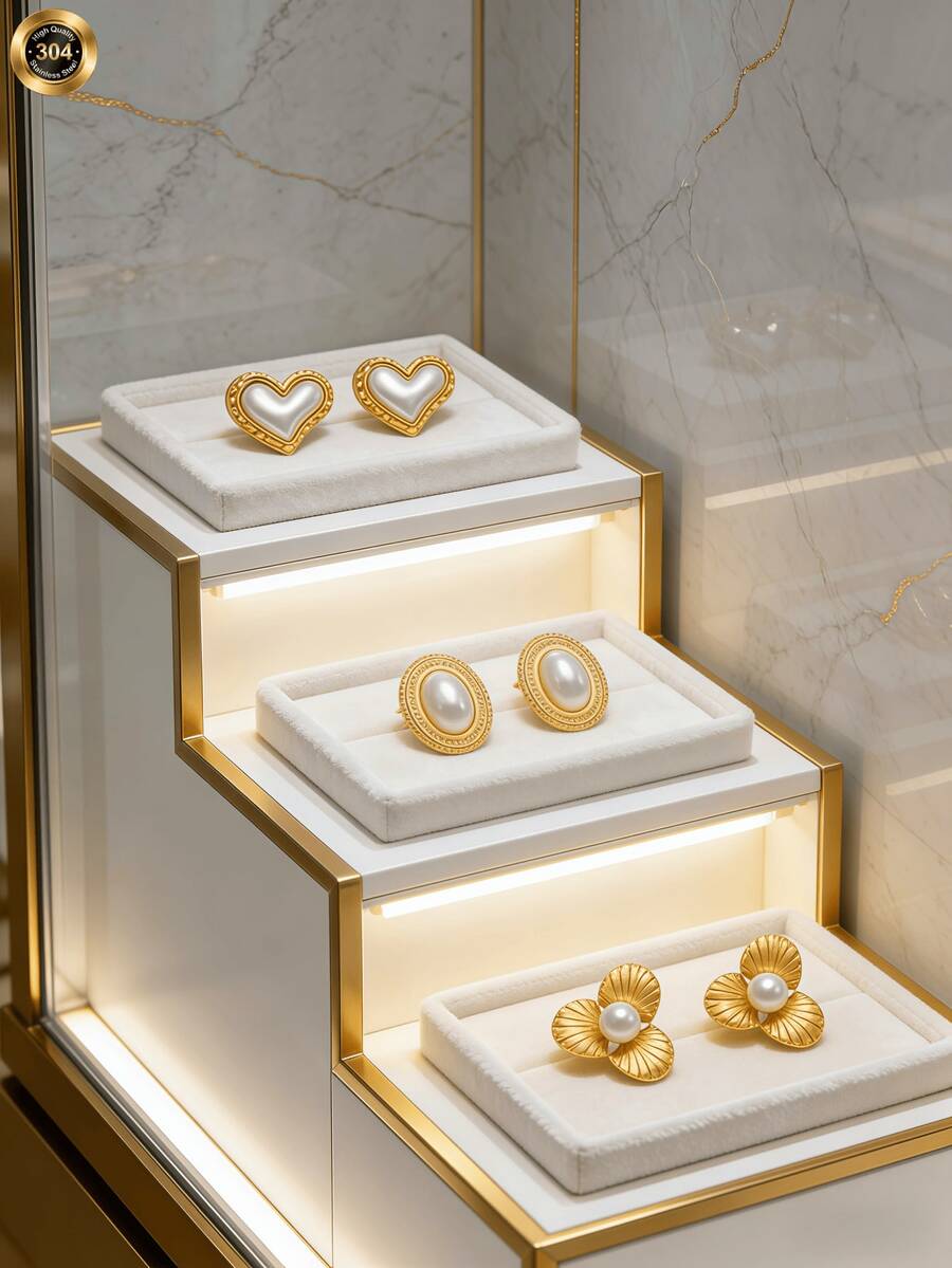 3 pares de pendientes de perla con lazo elegantes, de diseño vintage y lujoso, hechos de acero inoxidable. Adecuados para uso diario y ocasiones festivas, un accesorio versátil para mujeres durante todo el año. Pendientes de perla, diseño de lujo de alta gama, excelentes para el Día de San Valentín. Joyería occidental - Multicolor - Ver 1