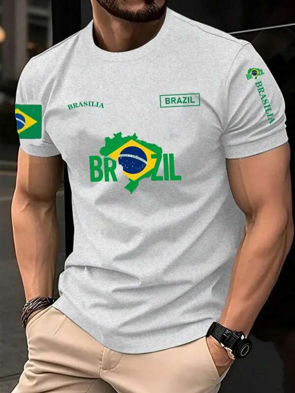 KOURRTER Men's Brazil Flag Graphic T-Shirt - Light Gray Loose Fit Short Sleeve Top With BRASIL Print, Soccer Style Design, Machine Washable Fabric, Suitable For Casual Daily And Sports Occasions, Bold Graphic, Easy Care, Must-Have For Football Fans