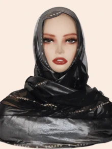 1pc Women's Fashionable Elegant Muslim Hijab Scarf, Patchwork Print Design With Rhinestone Scarf Craftsmanship, Middle Eastern Style Long Scarf