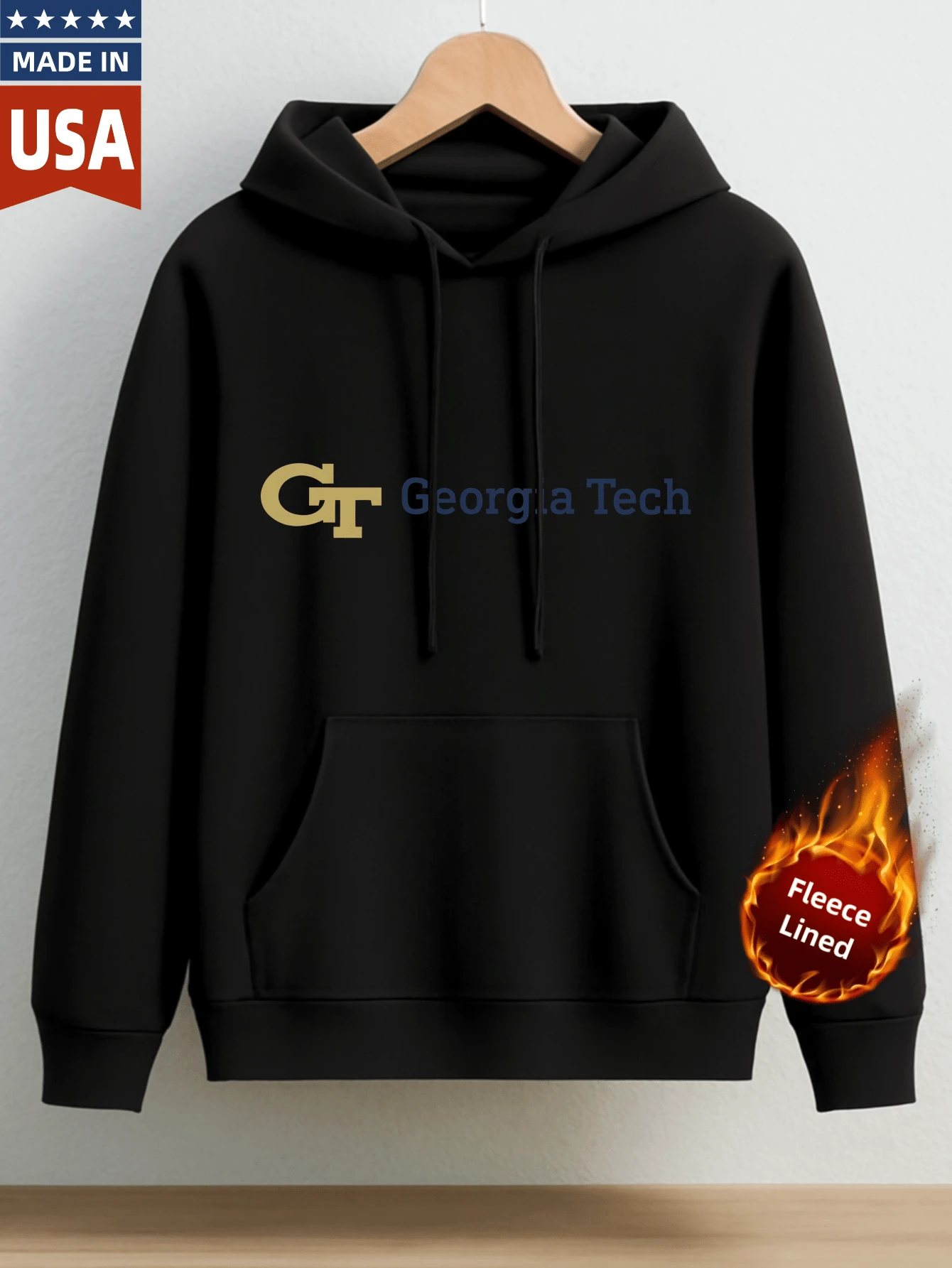 Men Cotton Hoodie With Fleece Lined Warm Autumn Winter Casual Sport Sweatshirt - Georgia Tech Logo GT Printed Design - Comfortable Unisex Thick Fabric For Outdoor Activities And Daily Wear In Fall And Winter Seasons - 黑色 - 查看 1
