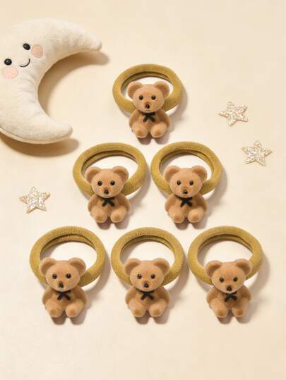6pcs Cute Cartoon Bear Hair Scrunchies, Adorable And Bear Hair Accessories, Colorful And Fashionable, Suitable For Girls' Daily Outfit, Back To School Gift, Valentine's Day, Mother's Day, Birthday Party, New Year Gift