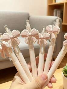 6支可爱粉色蝴蝶结中性笔 | 少女风文具，0.5毫米顺滑可伸缩圆珠笔，青少年学生办公用品及礼物，塑料材质