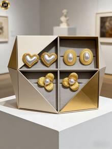 3 pares de pendientes de perla con lazo elegantes, de diseño vintage y lujoso, hechos de acero inoxidable. Adecuados para uso diario y ocasiones festivas, un accesorio versátil para mujeres durante todo el año. Pendientes de perla, diseño de lujo de alta gama, excelentes para el Día de San Valentín. Joyería occidental - Multicolor - Ver 2