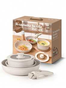 5 Pieces Cookware Set, Non-Stick Induction Cookware Set With Detachable Handle, Dishwasher And Oven - White - View 2