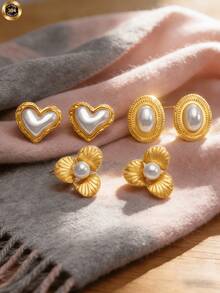 3 pares de pendientes de perla con lazo elegantes, de diseño vintage y lujoso, hechos de acero inoxidable. Adecuados para uso diario y ocasiones festivas, un accesorio versátil para mujeres durante todo el año. Pendientes de perla, diseño de lujo de alta gama, excelentes para el Día de San Valentín. Joyería occidental - Multicolor - Ver 3